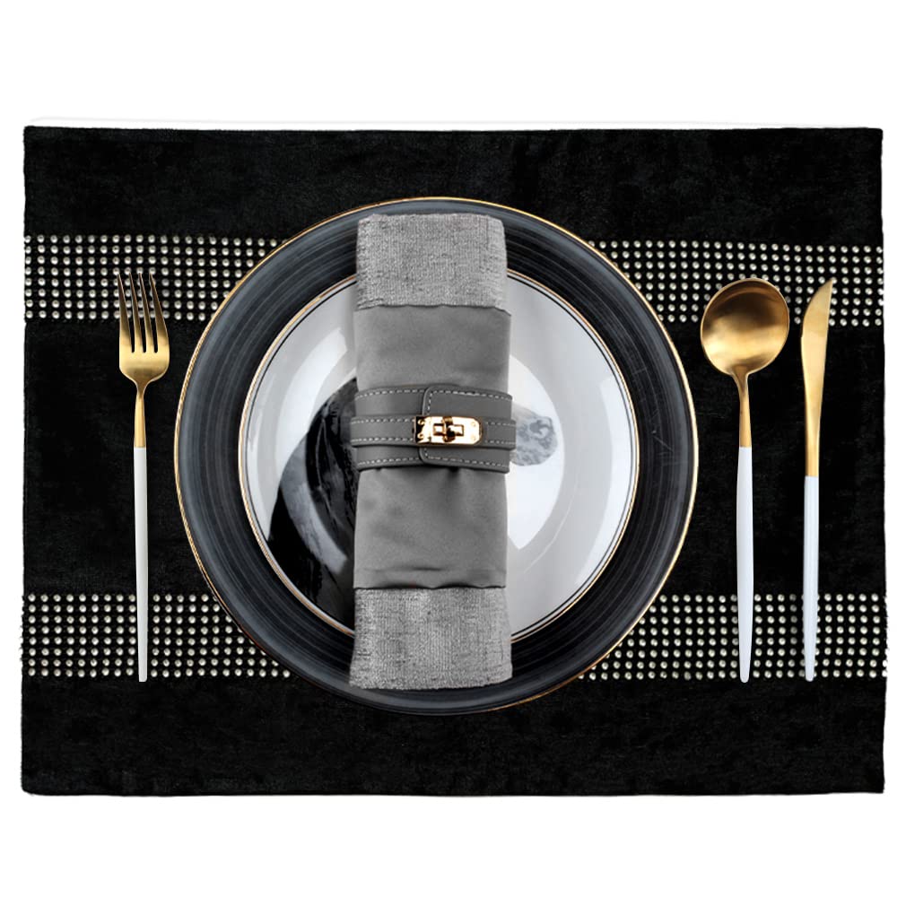 Jiino Rhinestone Sequin Placemats Set of 4 - Elegant Black Dining Table Mats for Home Decor, Dinner Parties & Coffee Tables - Waterproof & Washable Table Mats for Everyday Use