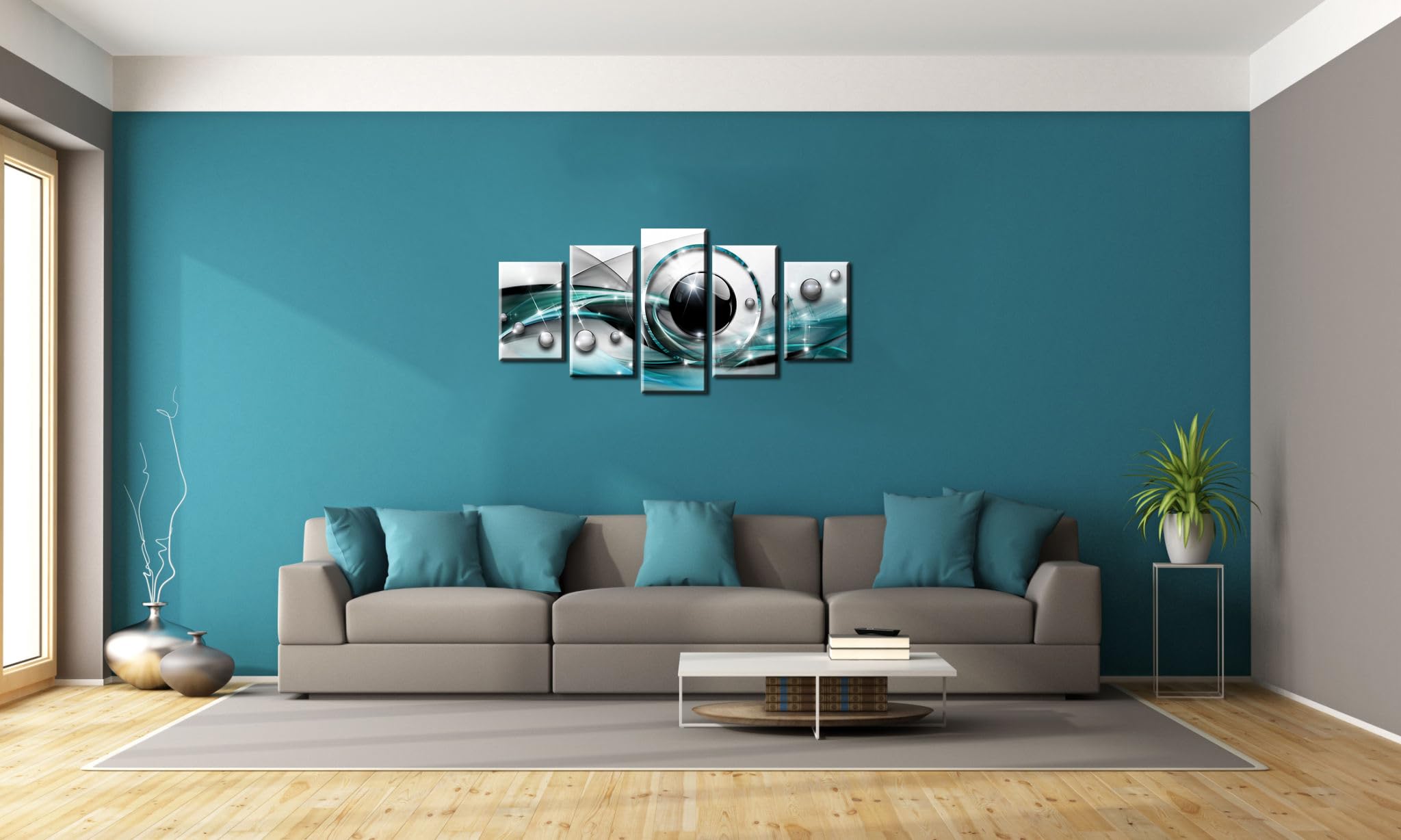Abstract Canvas Wall Art - Blue & Black Framed Painting for Living Room Decor, 5-Piece Set (Teal) - Perfect for Modern Home & Office Decor