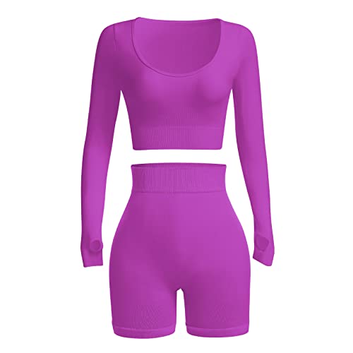 Women's 2-Piece Long Sleeve Yoga Set - Seamless Scoop Neck Crop Top & High Waist Shorts for Workout, Gym & Sports | Perfect for Yoga, Pilates & Fitness Training