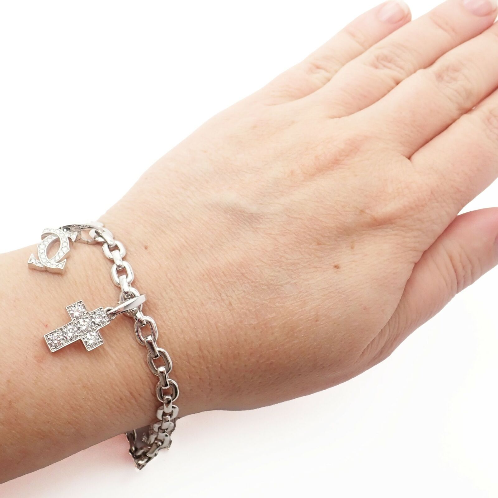 Authentic Cartier 18k White Gold 3 Charm Bracelet with Diamond Cross Double C's - Luxury Jewelry Gift for Women, Anniversary & Special Occasions
