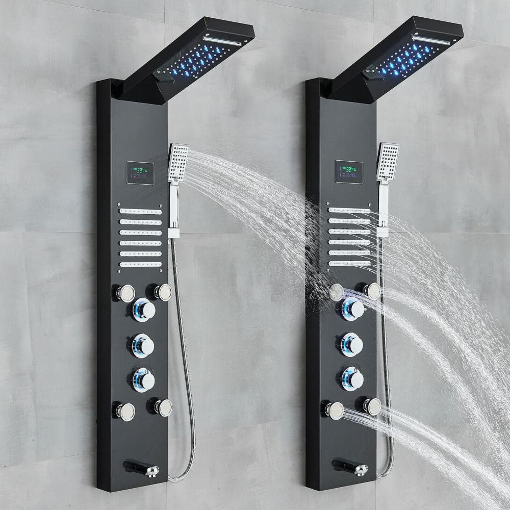 Stainless Steel LED Shower Panel Tower System with Rain & Waterfall Massage Nozzles - Modern Bathroom Upgrade for Spa-Like Experience at Home