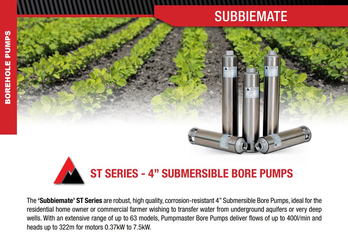 Pumpmaster Subbiemate ST 10 Series 4 Submersible Bore Pumps with Motor - 50LPM Max Flow - Ideal for Well Water, Irrigation & Industrial Applications