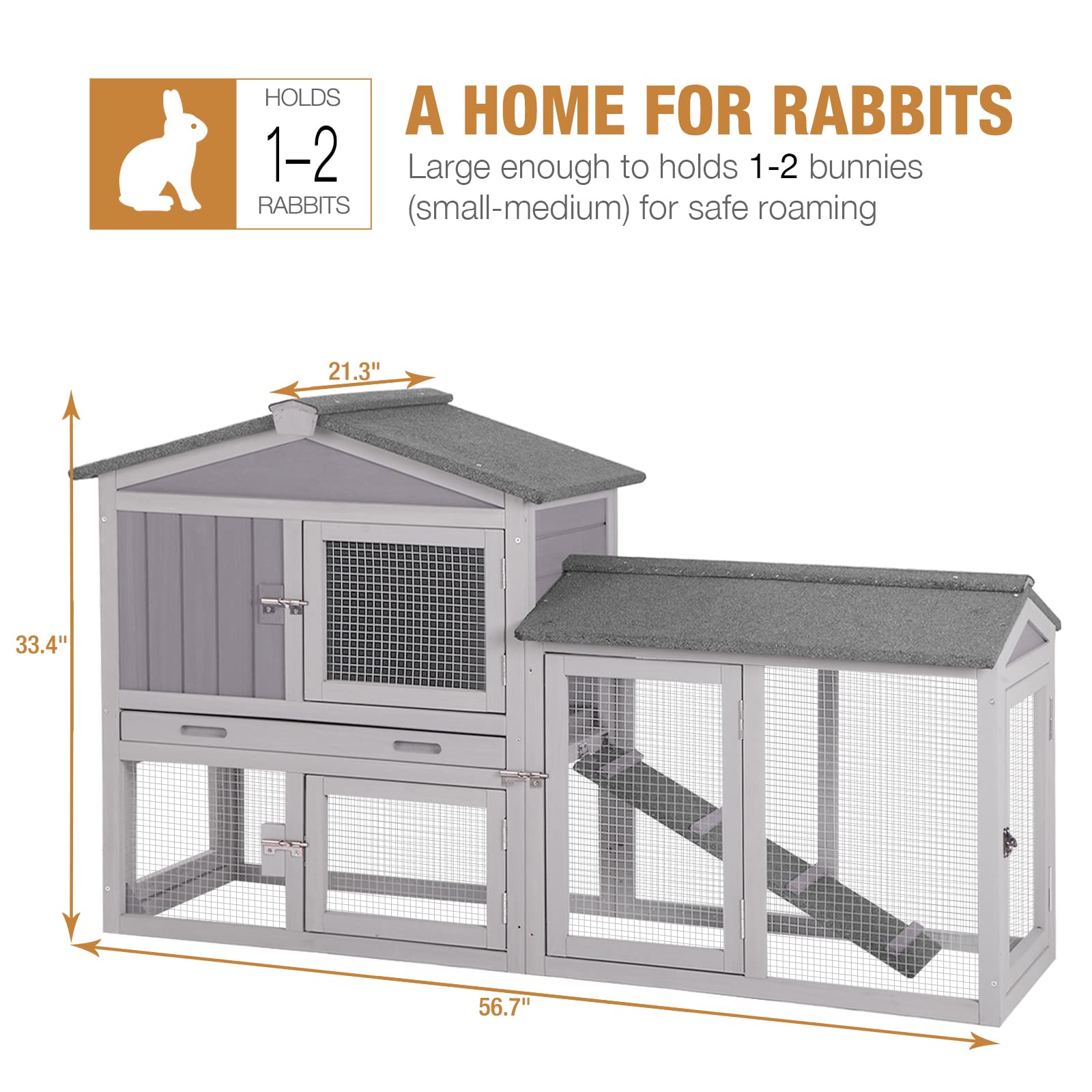57 Inch Wooden Rabbit Hutch with Pull-Out Tray & Large Run - Indoor/Outdoor Bunny Cage, Guinea Pig House & Chicken Coop - Perfect for Backyard, Garden or Patio Use (Grey, 57