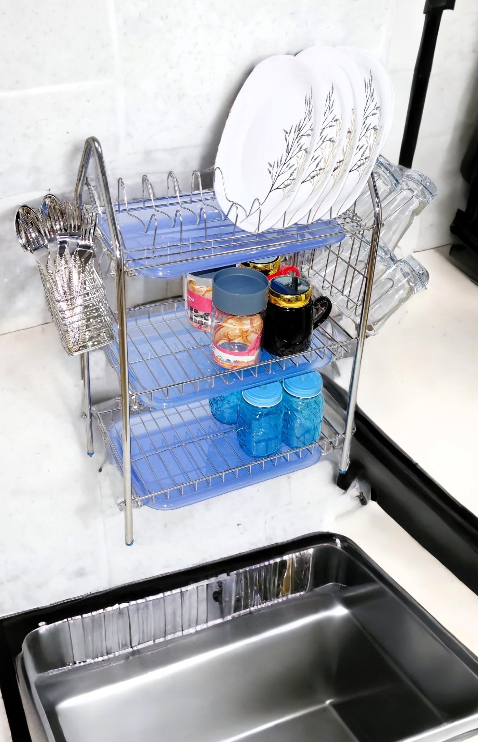 Premium Stainless Steel Kitchen Organizer - 3-Tier Dish Rack & Utensil Holder with Wall Mount & 3 Plastic Trays | Space-Saving Storage for Dishes, Cups & Cutlery | Ideal for Small Kitchens & Countertop Organization