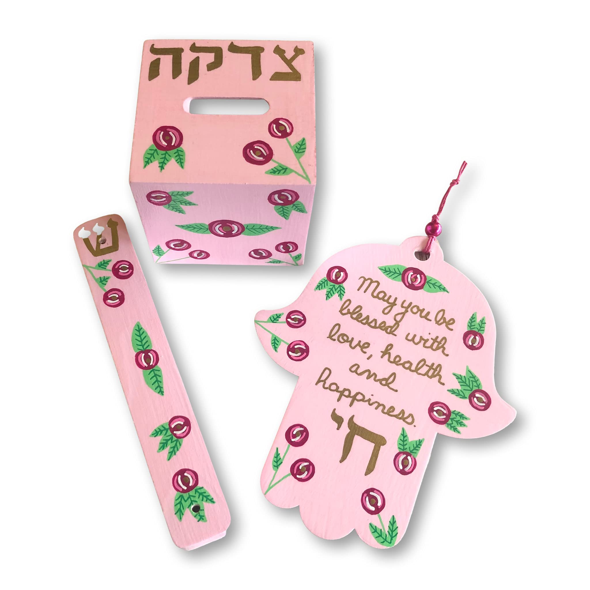 Pink Roses Hamsa Mezuzah Tzedakah Box Set - Jewish Baby Naming Gift with Kosher Scroll | Perfect for Jewish Ceremonies, Housewarming & Spiritual Home Decor