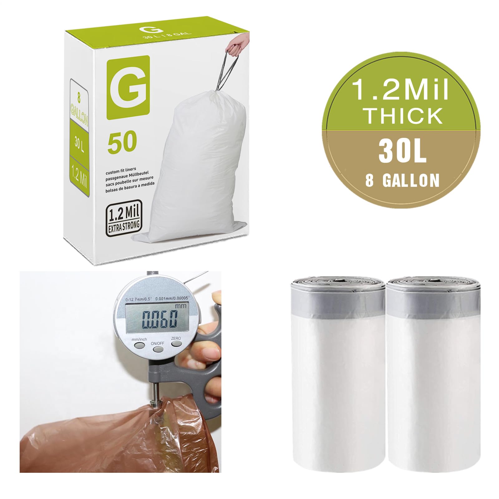 **3 Pack (150 Count) Heavy Duty 8 Gallon Trash Bags with Reinforced Drawstring - Leak-Proof & Tear-Resistant - Compatible with Simplehuman Code G 1.2 Mil White Garbage Can Liners (8 Gallon/30L) - Perfect for Kitchen, Bathroom & Office Waste Disposal**