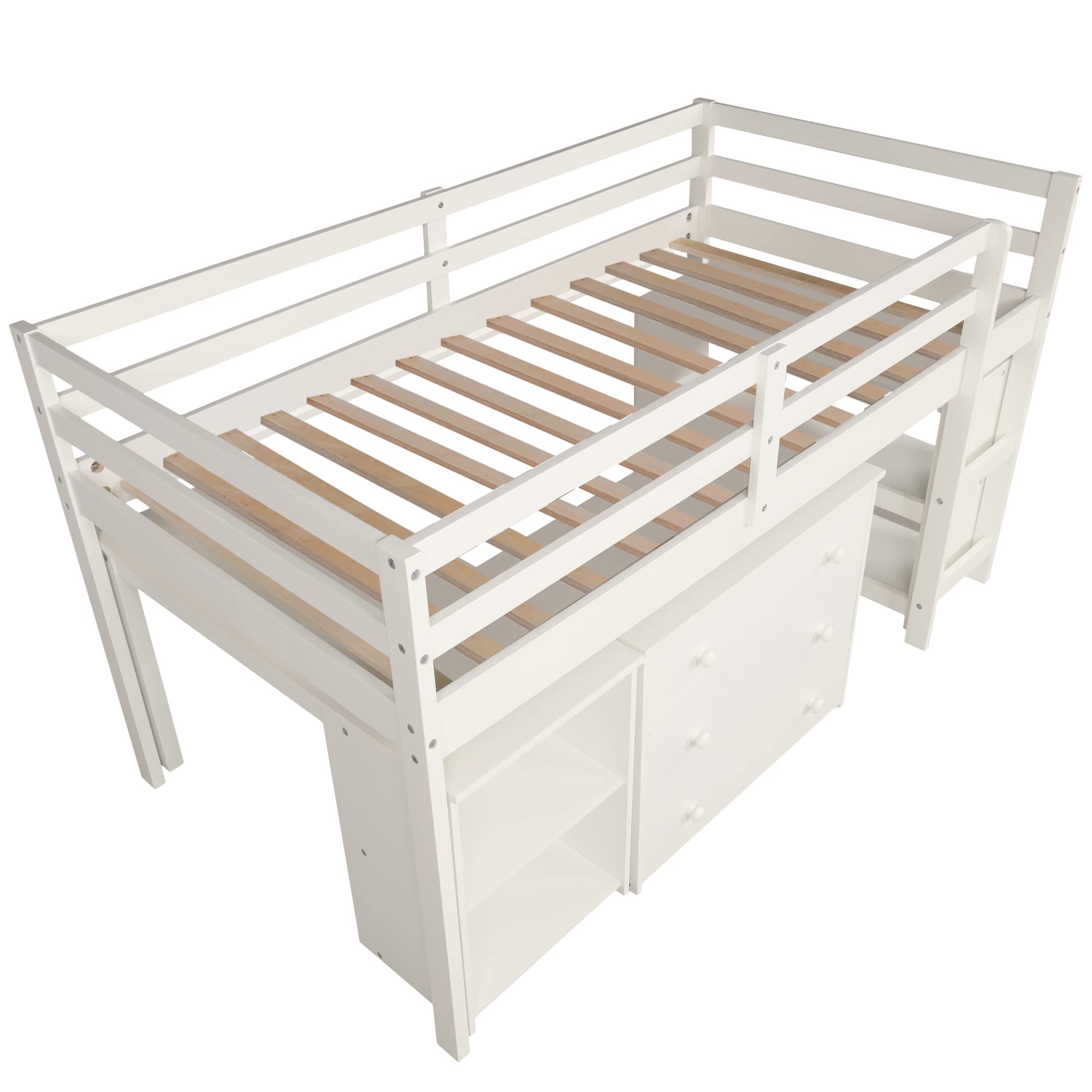 Twin Size Loft Bed with Desk and Cabinet - Low Study Loft Bed Frame with Rolling Portable Desk - Space-Saving Kids and Teens Loft Bed (White) - Perfect for Small Bedrooms, Dorm Rooms, and Home Offices