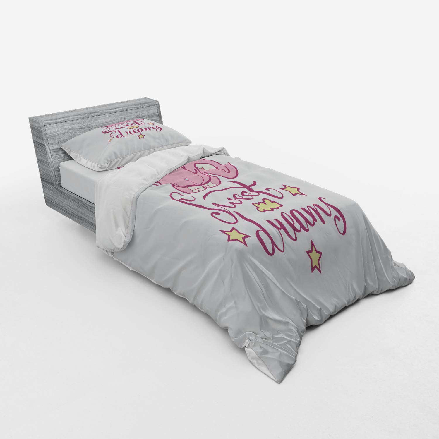Ambesonne 3-Piece Twin Duvet Cover Set - Sleeping Cartoon Cat with Stars & Clouds on Pastel Pink Background, Includes Sham & Fitted Sheet | Soft Rose Pale Pink Bedding for Kids Room, Teen Bedroom & Cozy Home Decor