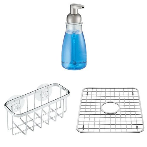 InterDesign 3-Piece Kitchen Sink Organizer Set with Suction Sink Caddy, Sponge Holder & Foaming Soap Dispenser - Chrome/Brushed Nickel - Perfect for Small Kitchens, Apartments & RVs