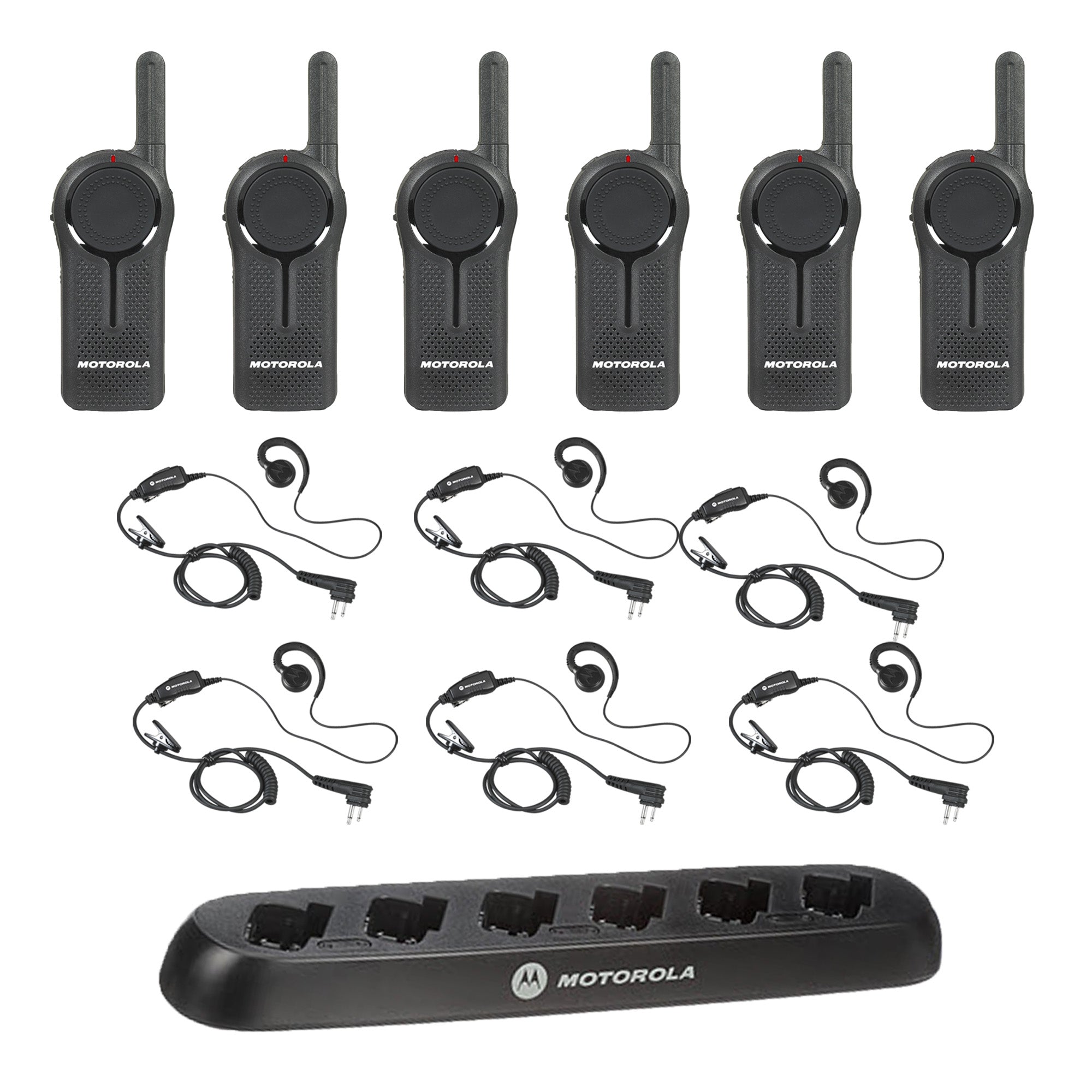 Motorola DLR1020 6 Pack Two-Way Radio Bundle with Multi-Unit Charger & Headsets - Perfect for Construction, Warehousing, and Outdoor Adventures
