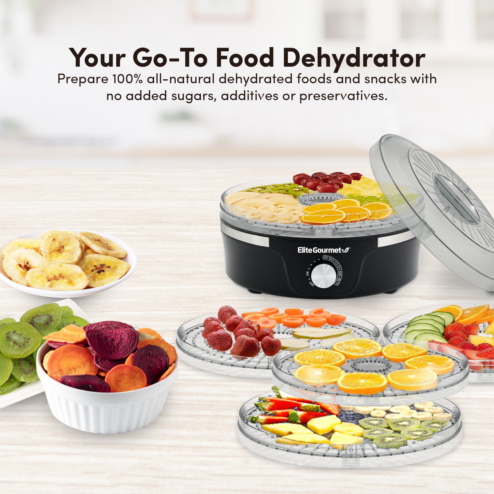 Elite Gourmet EFD319 5-Tray Food Dehydrator with Adjustable Temperature - BPA-Free 11.4