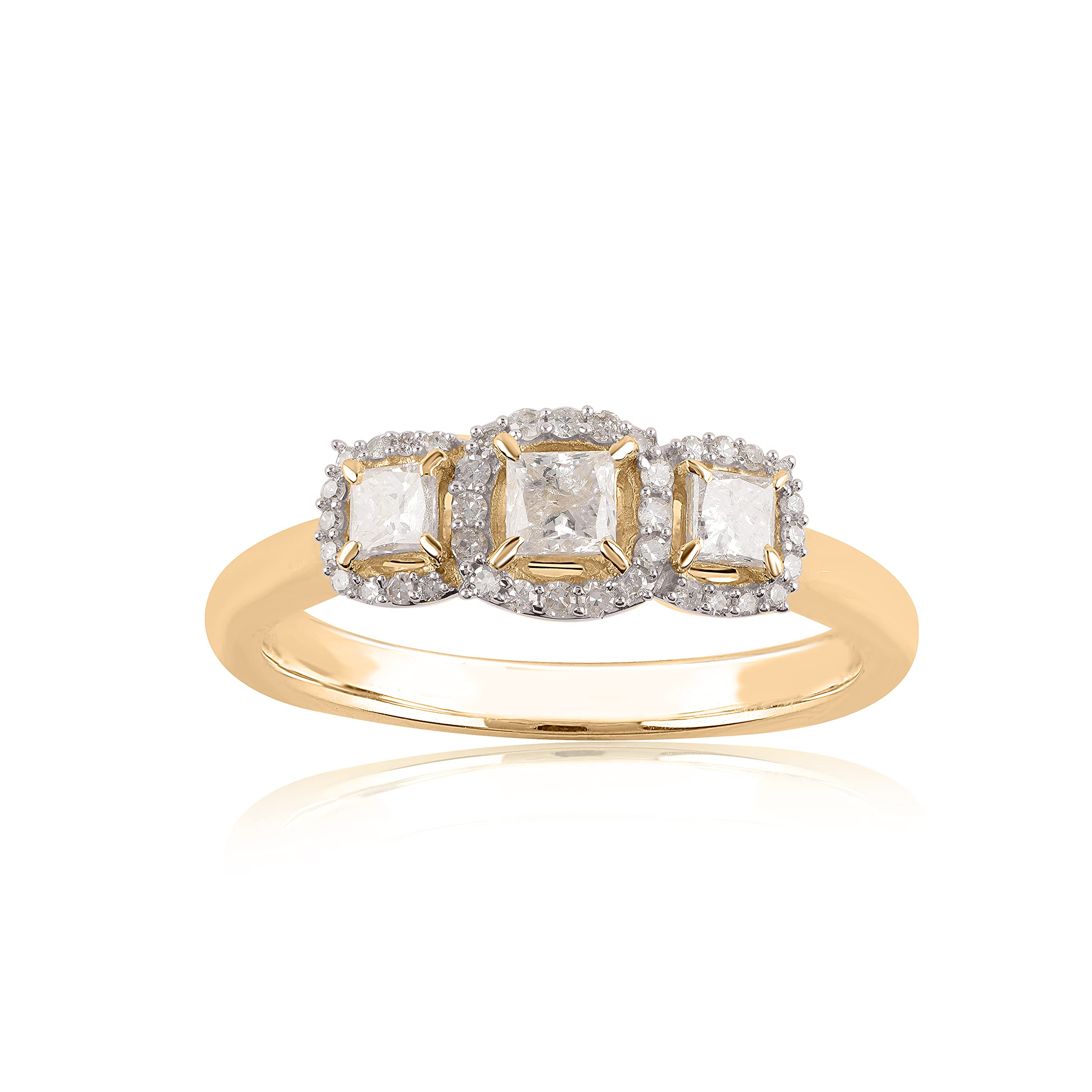 1/2 Carat Princess & Round Cut Natural Diamond 10K Solid Yellow Gold Three Stone Wedding Ring (I-J Color, I3 Clarity) - Elegant Bridal Jewelry for Engagement, Anniversary & Special Occasions