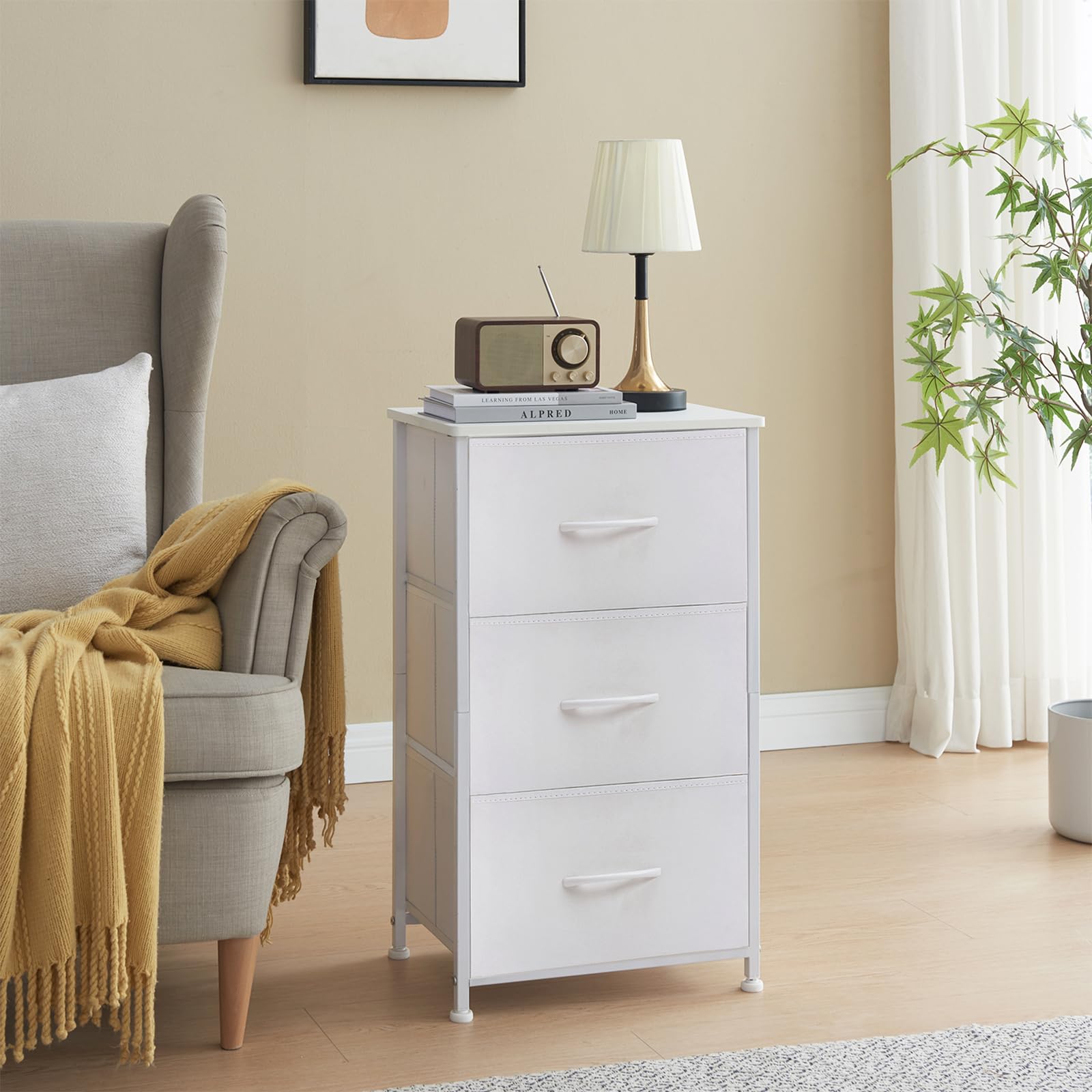 Somdot White Nightstand with 3 Drawers - Modern Bedside Table & Dresser for Bedroom, Dorm, or Closet - White Leather Finish with Fabric Bins | Perfect for Small Spaces, Guest Rooms & Apartment Living