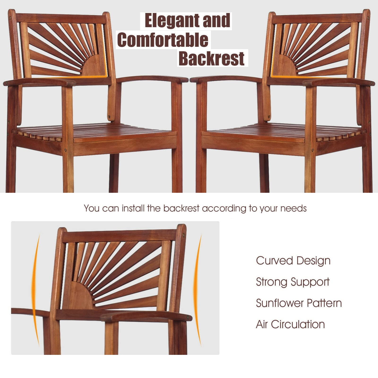 3PCS Acacia Wood Bar Set - 1 Bar Table & 2 Bar Stools with Backrest, Armrest & Footrest - Durable Outdoor Dining & Conversation Set - Spacious Tabletop for Patio, Deck, Garden & Indoor Use