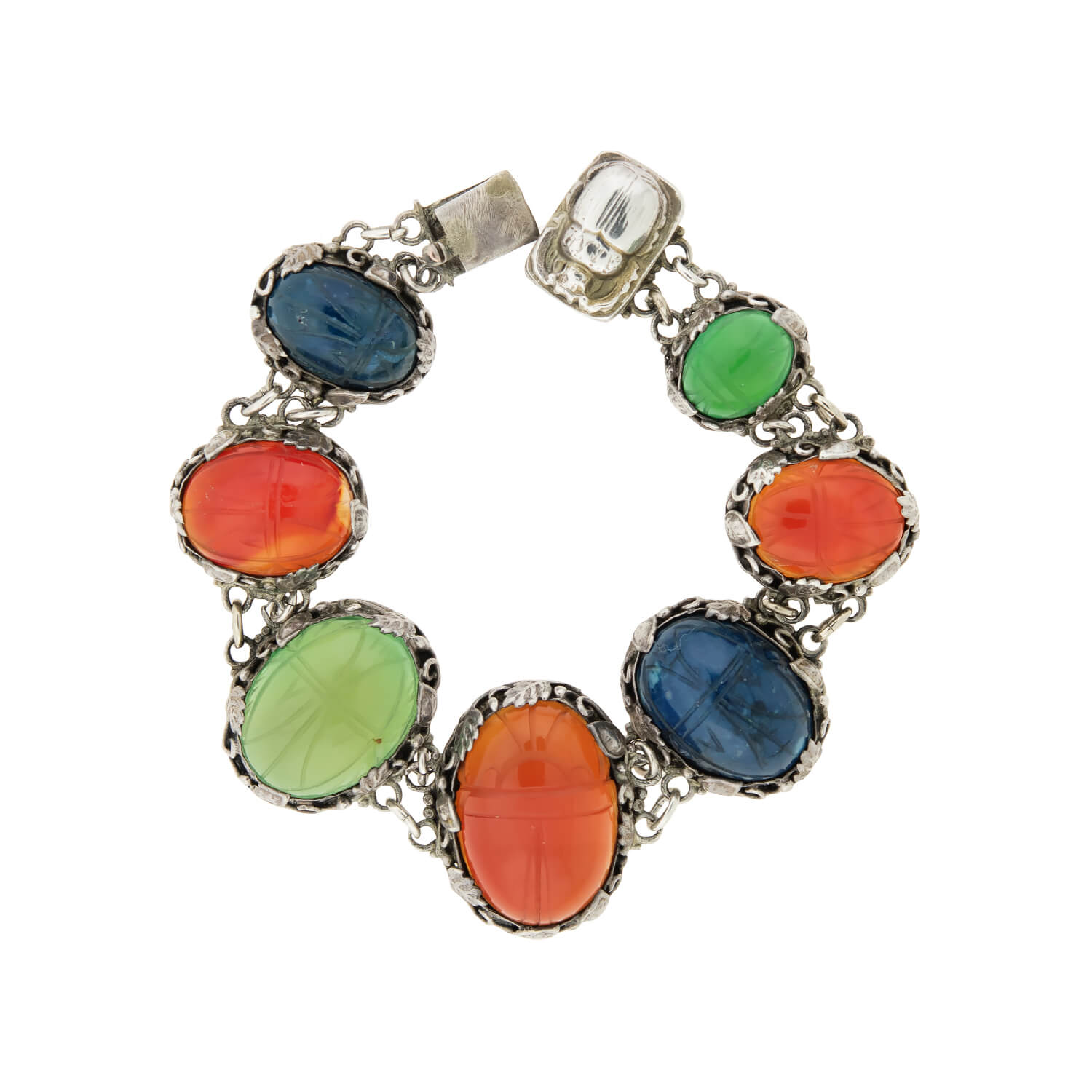 Edwardian Sterling Silver & Multi-Stone Scarab Link Bracelet – Vintage Jewelry for Women, Elegant Gift for Special Occasions
