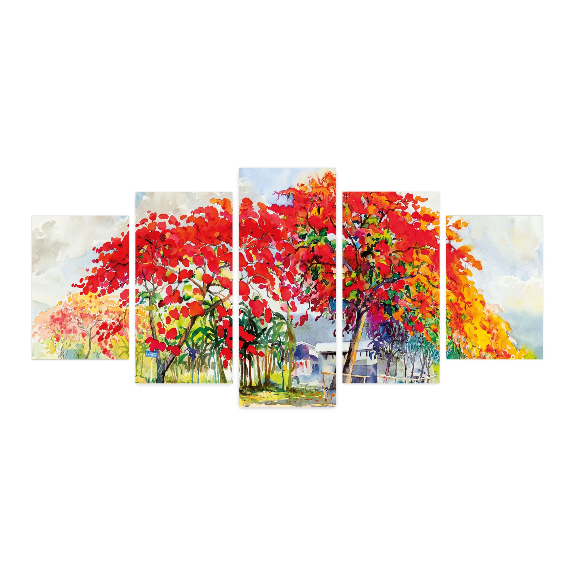 Ambesonne Watercolor 5-Panel Acrylic Glass Wall Art - Autumn Tree Leaves Countryside Painting in Warm Scarlet Orange & Green | 60x30 Inches | Perfect for Living Room, Bedroom, Dorm Decor | Seasonal Fall Home Decoration & Rustic Wall Decor