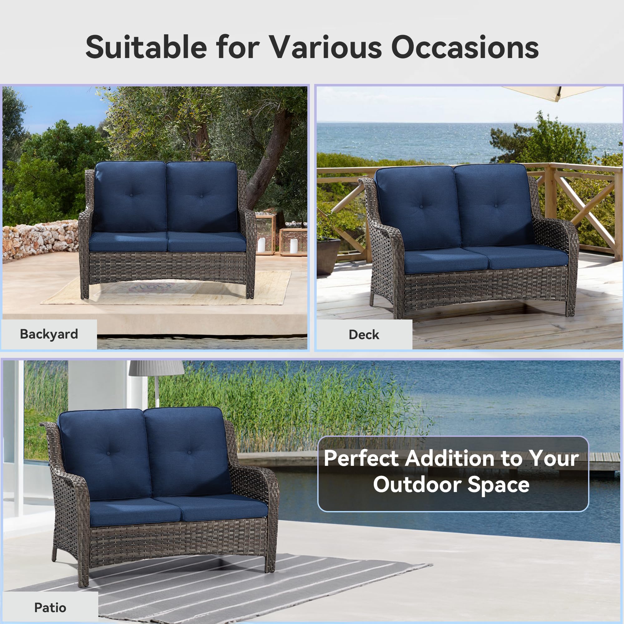 2-Seat Outdoor Patio Sofa with Wicker Frame, Deep Seating & High Back - Steel Structure & Olefin Cushions in Blue - Perfect for Garden, Deck, Poolside or Backyard Relaxation