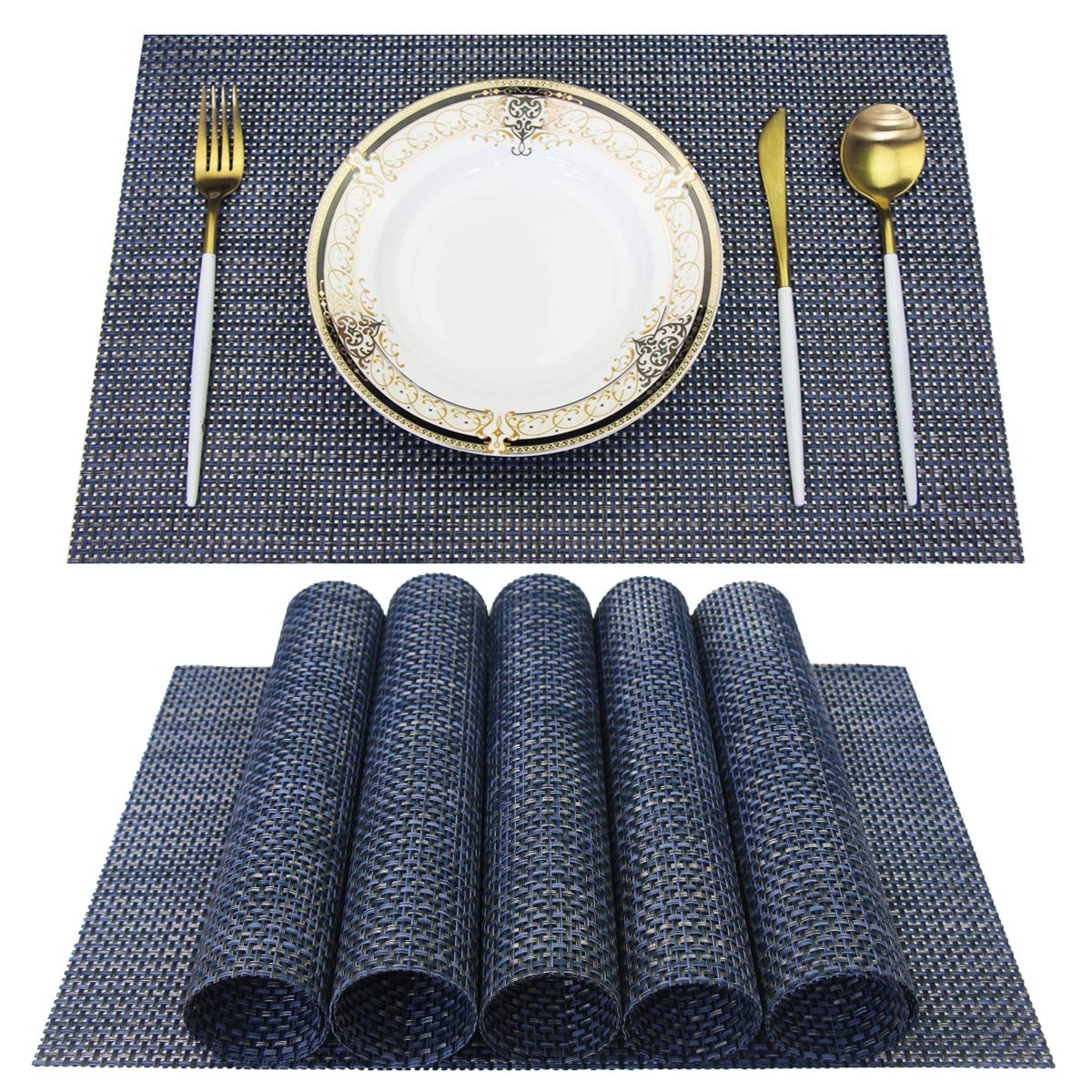 Premium Panda Palm Thicken Placemats Set of 6 - Heat-Resistant Vinyl Table Mats, Washable Plastic Dining Placemats for Kitchen & Dining Table (Blue) - Perfect for Everyday Meals, Parties, and Home Decor