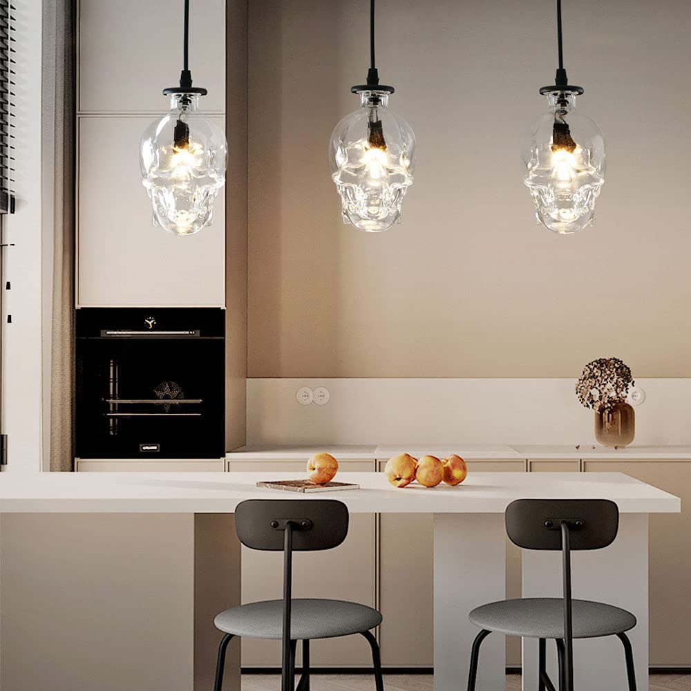 Vintage Skull Pendant Light - Adjustable 3-Light Glass Chandelier for Kitchen Island, Dining Room & Bar | Modern Retro Ceiling Hanging Fixture with Creative Personality Design