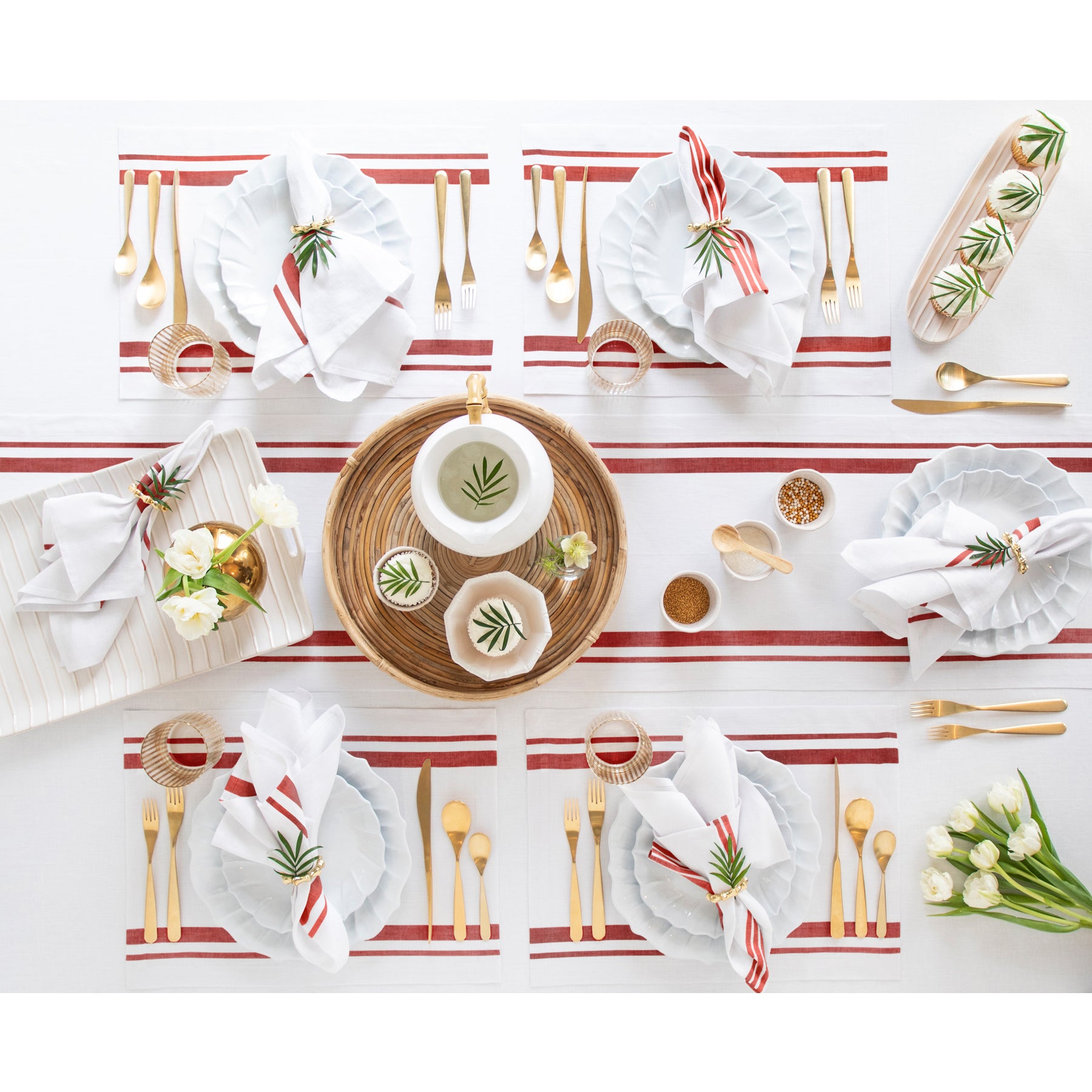 French Striped Placemats Set of 6 - Waterproof Woven Table Mats for Dining & Kitchen Decor - Perfect for Dinner Parties, Holiday Tablescapes & Home Styling