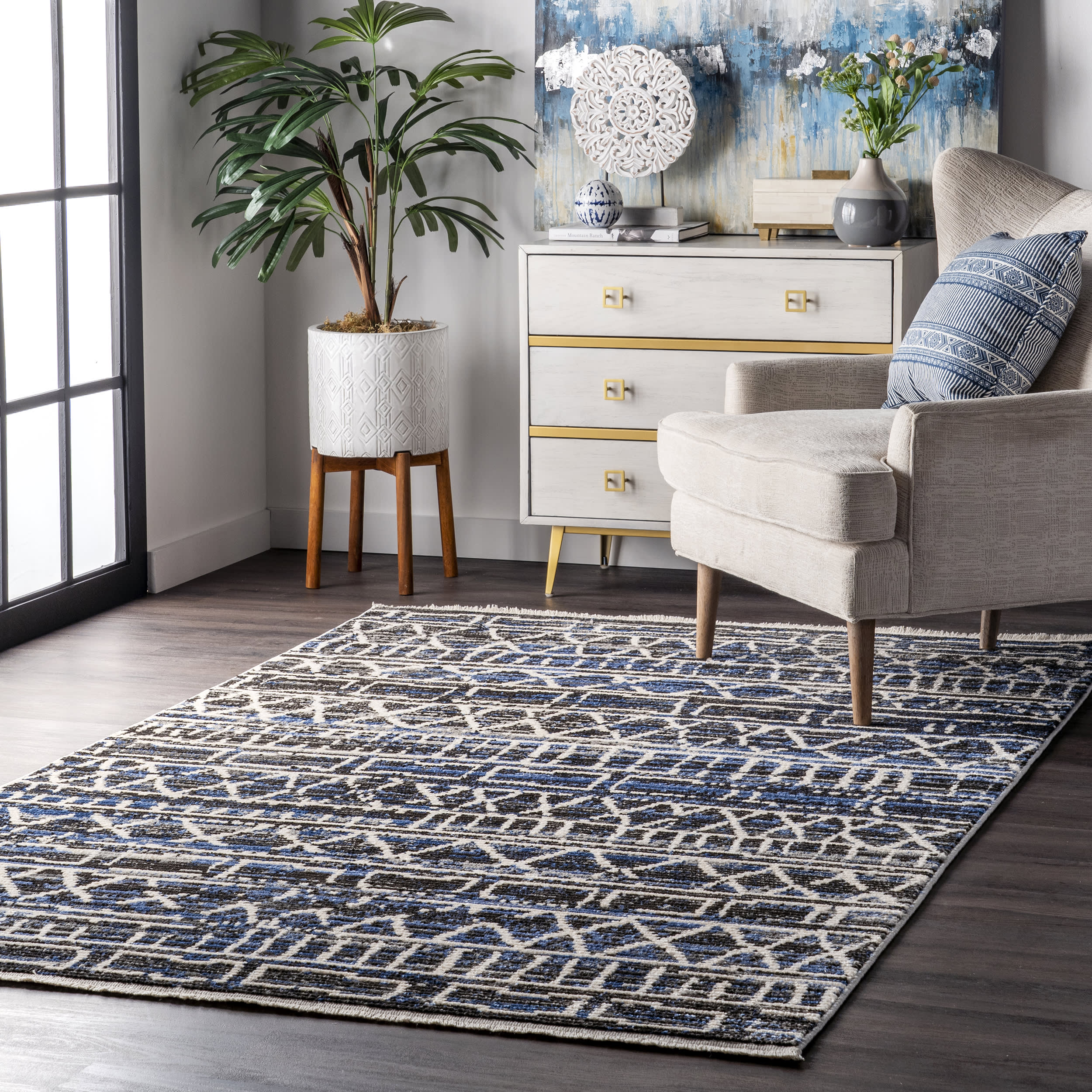 Chance Geometric Banded Rug - Blue Modern Area Rug for Living Room, Bedroom & Office Decor