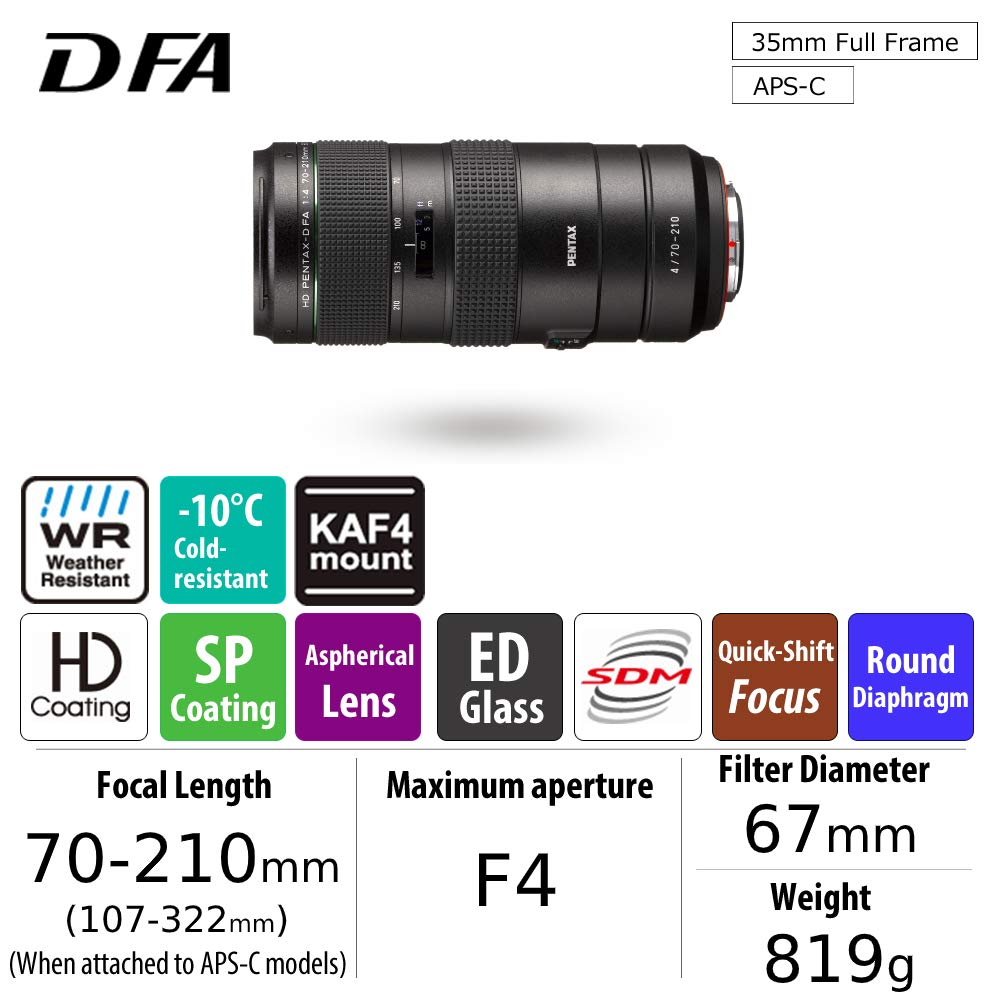 HD PENTAX-D FA 70-210mm F4 ED SDM WR Telephoto Zoom Lens for DSLR Cameras - Constant f/4 Aperture, Weather-Resistant, 0.95m Min Focus - Perfect for Wildlife, Sports & Portrait Photography