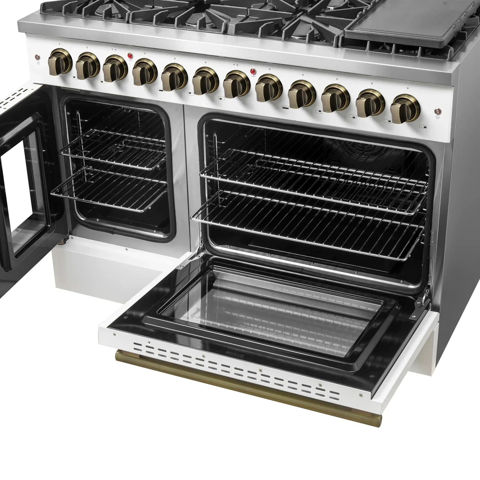 Forno Galiano 48-Inch French Door Dual Fuel Range - 8 Burner Gas Cooktop with Electric Convection Oven - White Antique Brass Trim (Model FFSGS6356 48WHT) - Perfect for Gourmet Kitchens & Professional Chefs