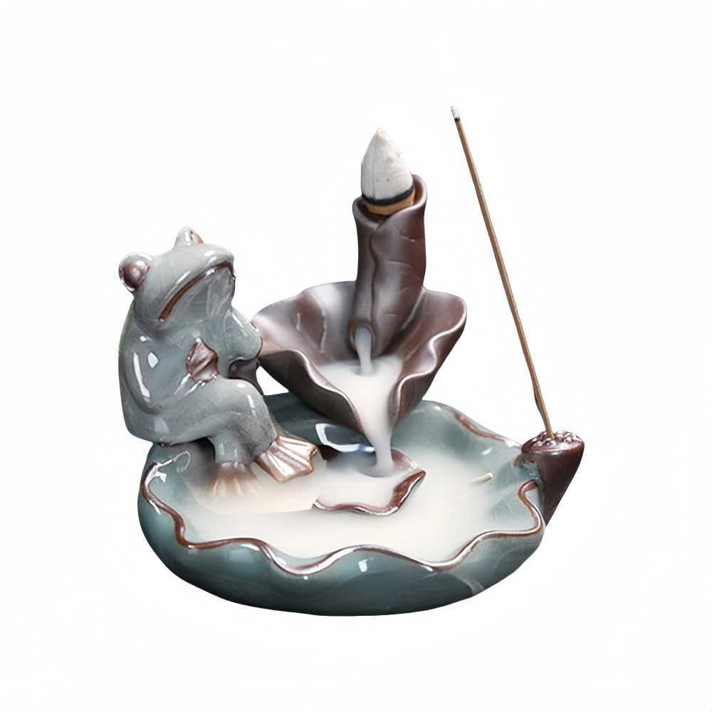 Ceramic Backflow Incense Burner with Waterfall Effect - Frog Shaped Lotus Censer for Aromatherapy, Home Decor, Office Desk | Relaxing Meditation, Yoga Room & Spa Decor Accessory