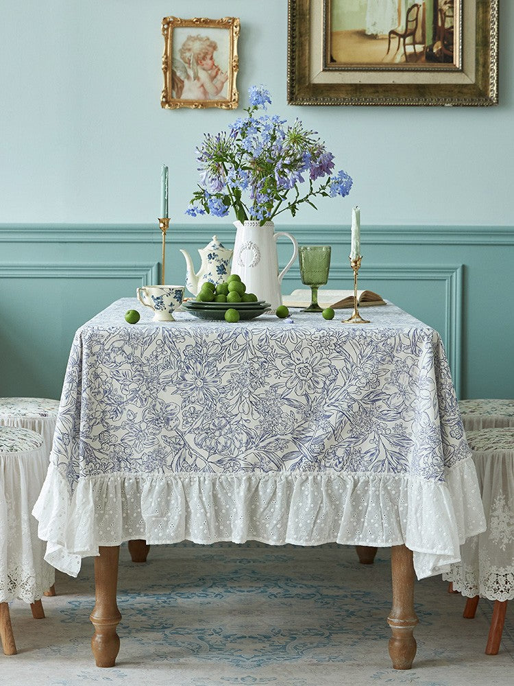 Natural Cotton Rectangle Tablecloth for Dining Room - Blue Floral Farmhouse Table Cover for Square or Round Tables | Perfect for Spring Decor, Dinner Parties & Everyday Use