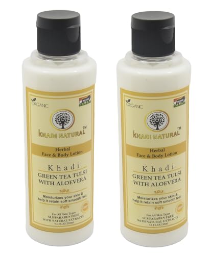 Khadi Natural Green Tea Tulsi Aloe Vera Lotion 210ml - Soothing & Nourishing Skin Care for Dry & Sensitive Skin | Pack of 2 | Perfect for Daily Moisturizing & After-Sun Relief