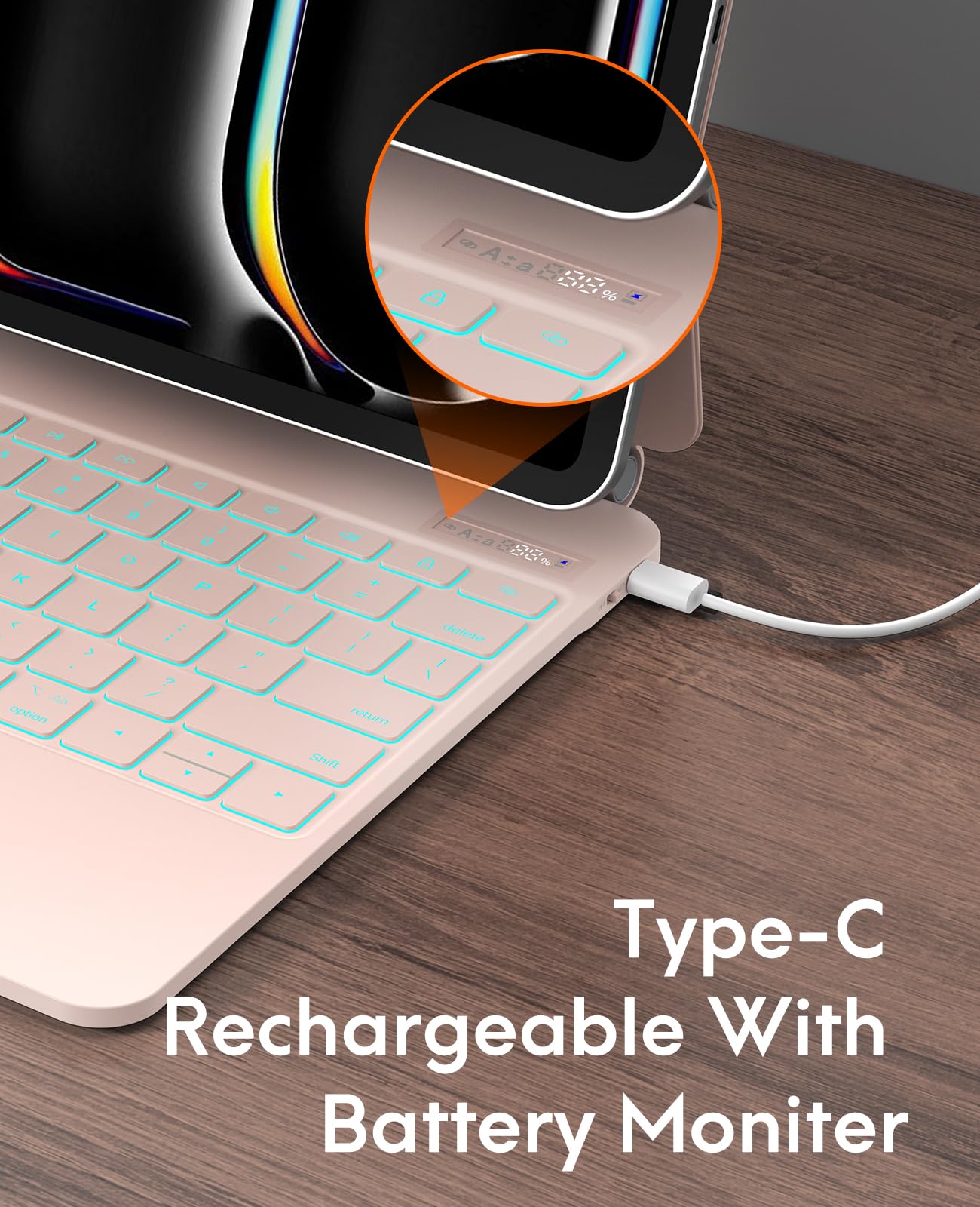 CHESONA iPad Pro 13 Case 2024 with Backlit Keyboard & Trackpad - 7-Color RGB Lighting, Floating Stand, Battery Display - Compatible with iPad Pro 13-inch (M4, 2024 Model) - Perfect for Work, Study & Travel - Pink