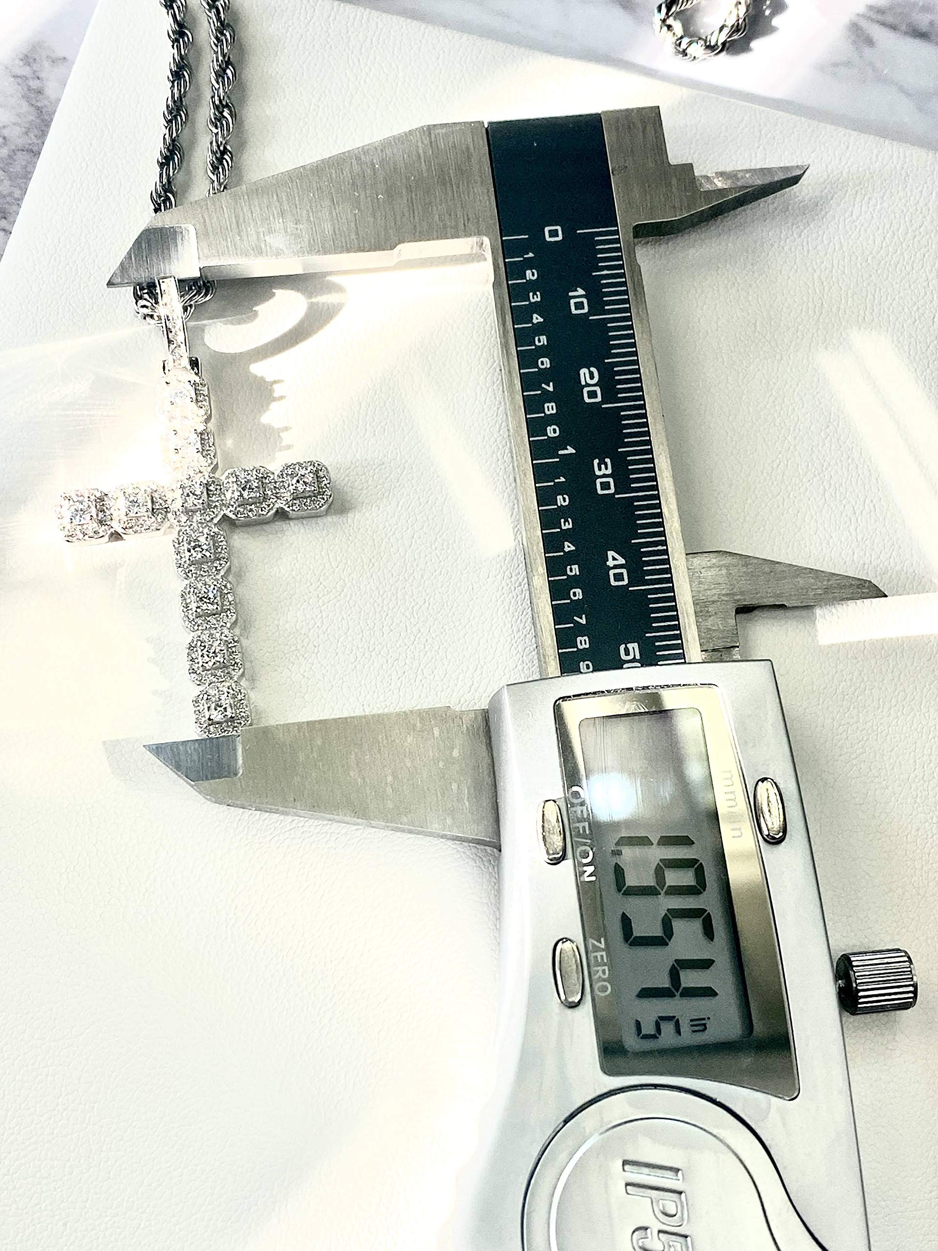 925 Sterling Silver Iced Out Tennis Cross Pendant for Men & Women - 3mm Stainless Steel Rope Chain (16