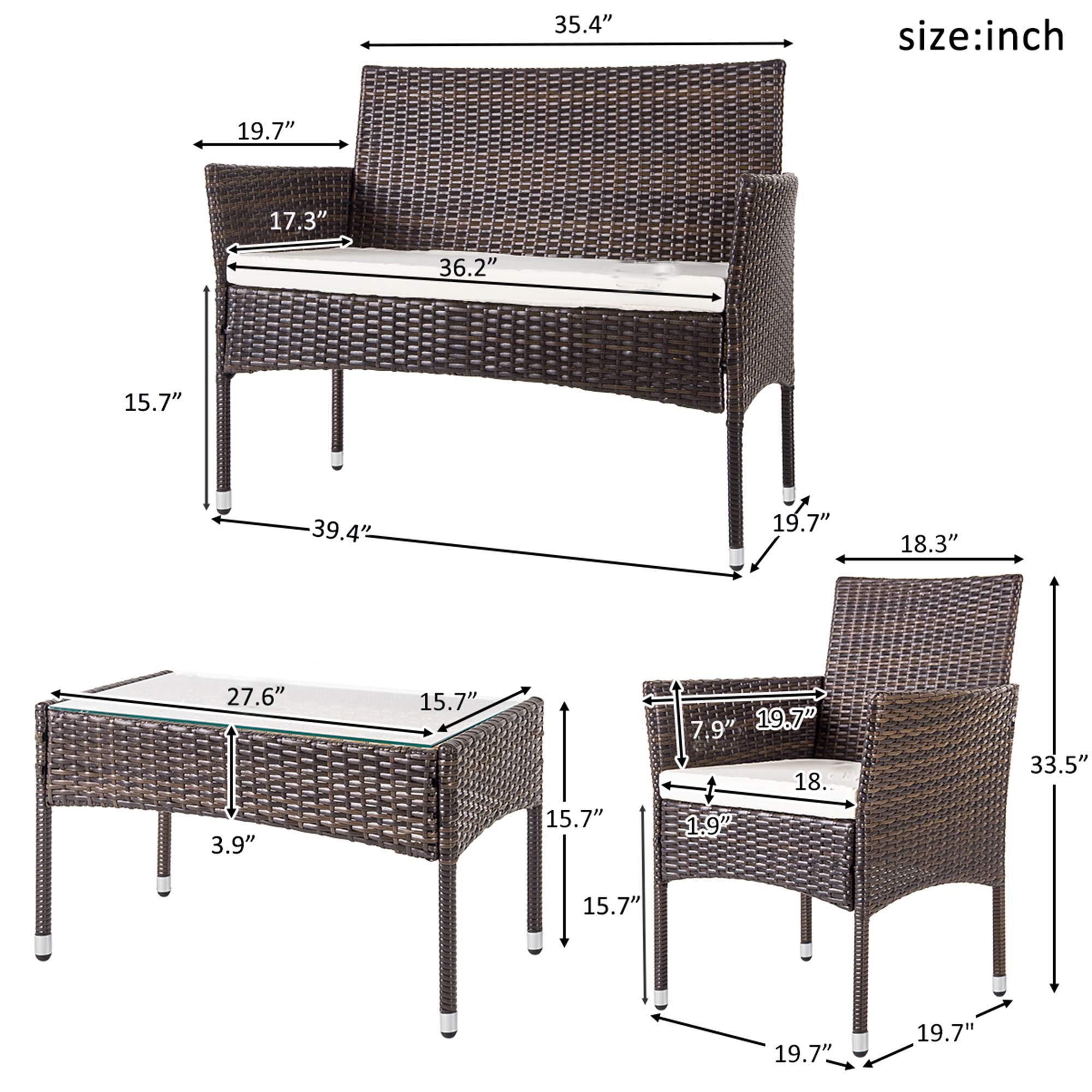 4-Piece Outdoor Wicker Rattan Patio Furniture Set with White Cushions - Perfect for Backyard, Garden, Balcony, Porch & Poolside Relaxation | Weather-Resistant & Comfortable Seating Solution