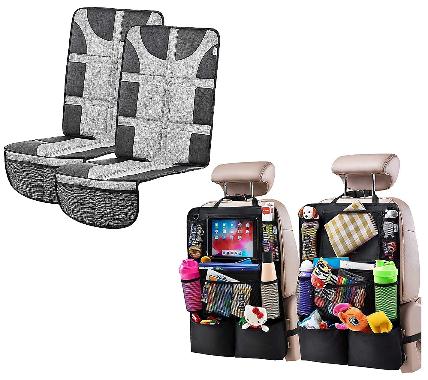 Helteko Backseat Car Organizer with 2 Seat Protectors - Black & Gray Set for Kids, Pets & Travel Accessories | Perfect for Road Trips, Family Vacations & Daily Commute