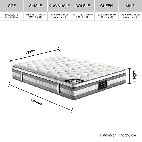 Feather Comfort Plush Euro Top Pocket Spring Mattress - 34cm Thick King Single Size | Premium Support for Back Pain Relief | Perfect for Guest Rooms, Dorms & Small Bedrooms