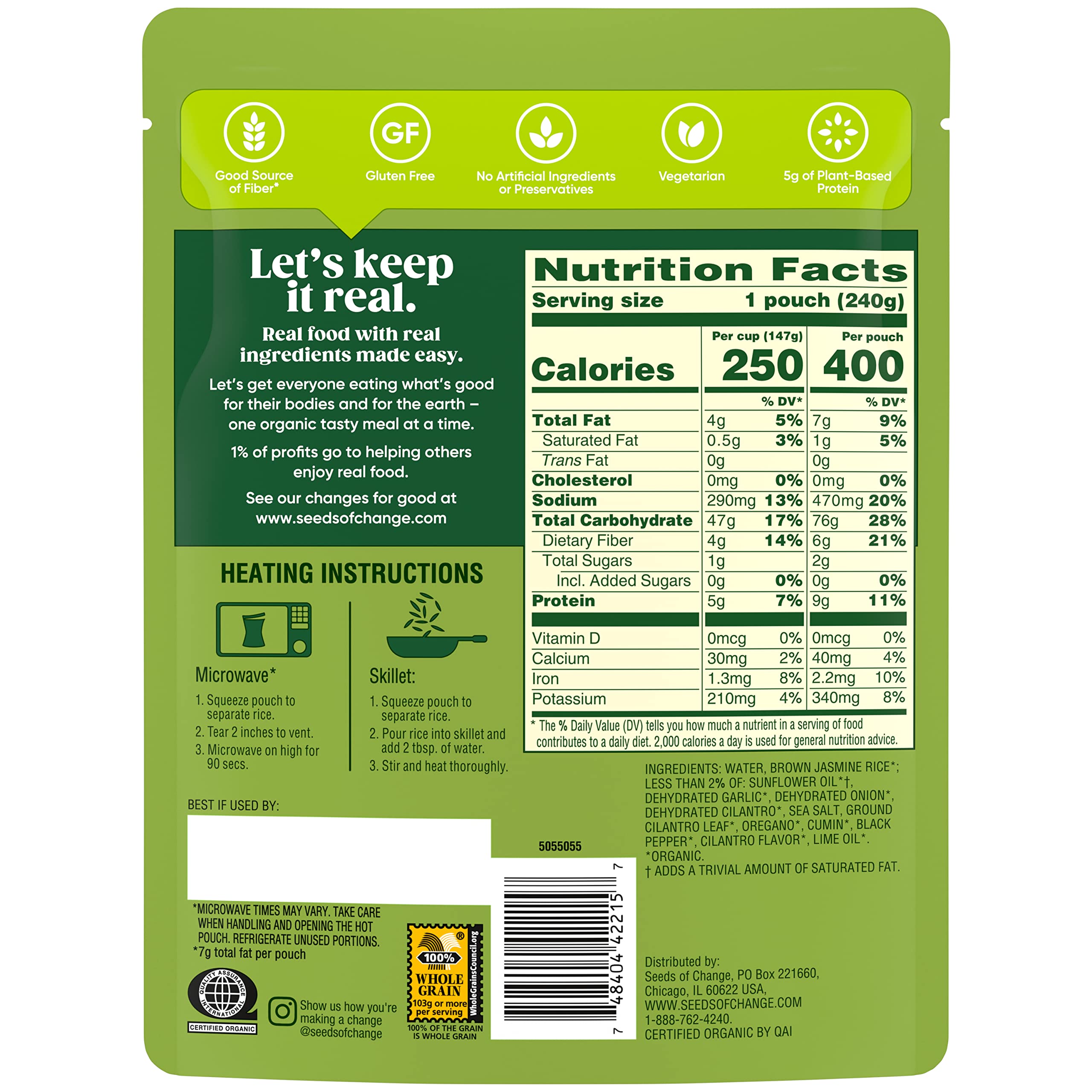Organic Brown Jasmine Rice with Cilantro Lime - USDA Certified, Non-GMO, Gluten-Free (8.5oz Pouch) - Perfect for Meal Prep, Healthy Side Dishes & Vegan Recipes