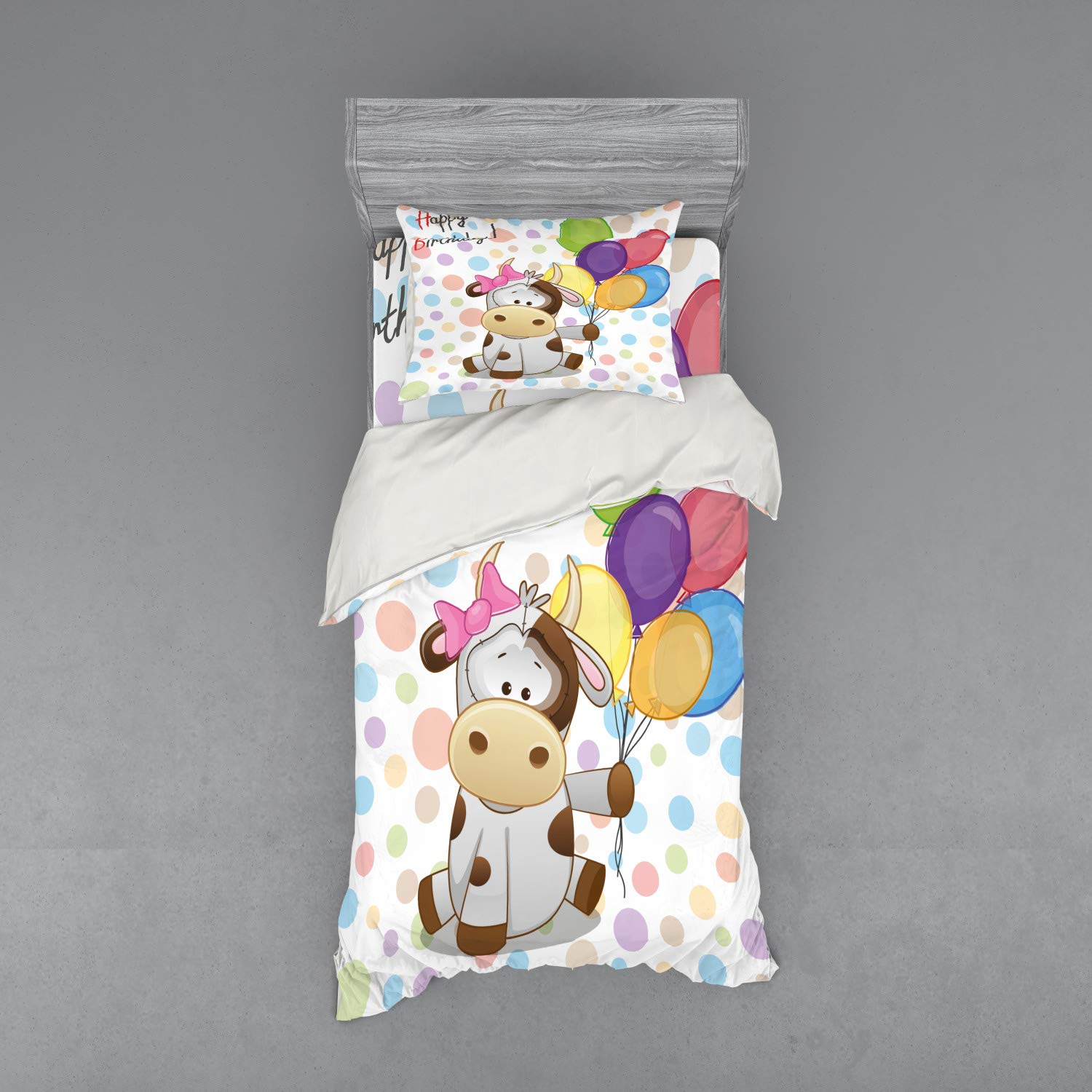 Ambesonne Cow & Balloons Duvet Cover Set - 3 Piece Twin XL Bedding with Sham & Fitted Sheet, Abstract Polka Dot Print - Perfect for Kids' Birthday Parties & Animal Themed Bedrooms