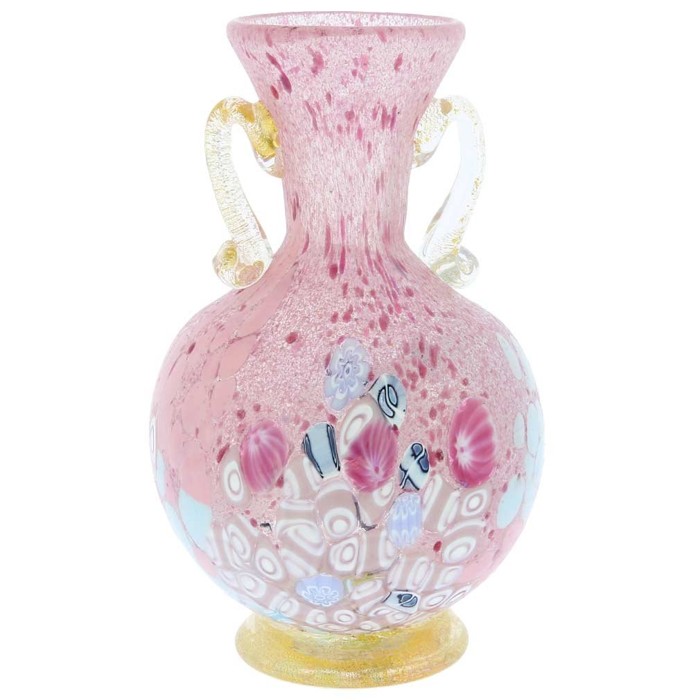 Venetian Murano Glass Millefiori Vase with 24K Gold Handles - Handcrafted Rose Design Italian Art Glass Vase for Home Decor, Wedding Centerpiece & Luxury Gift