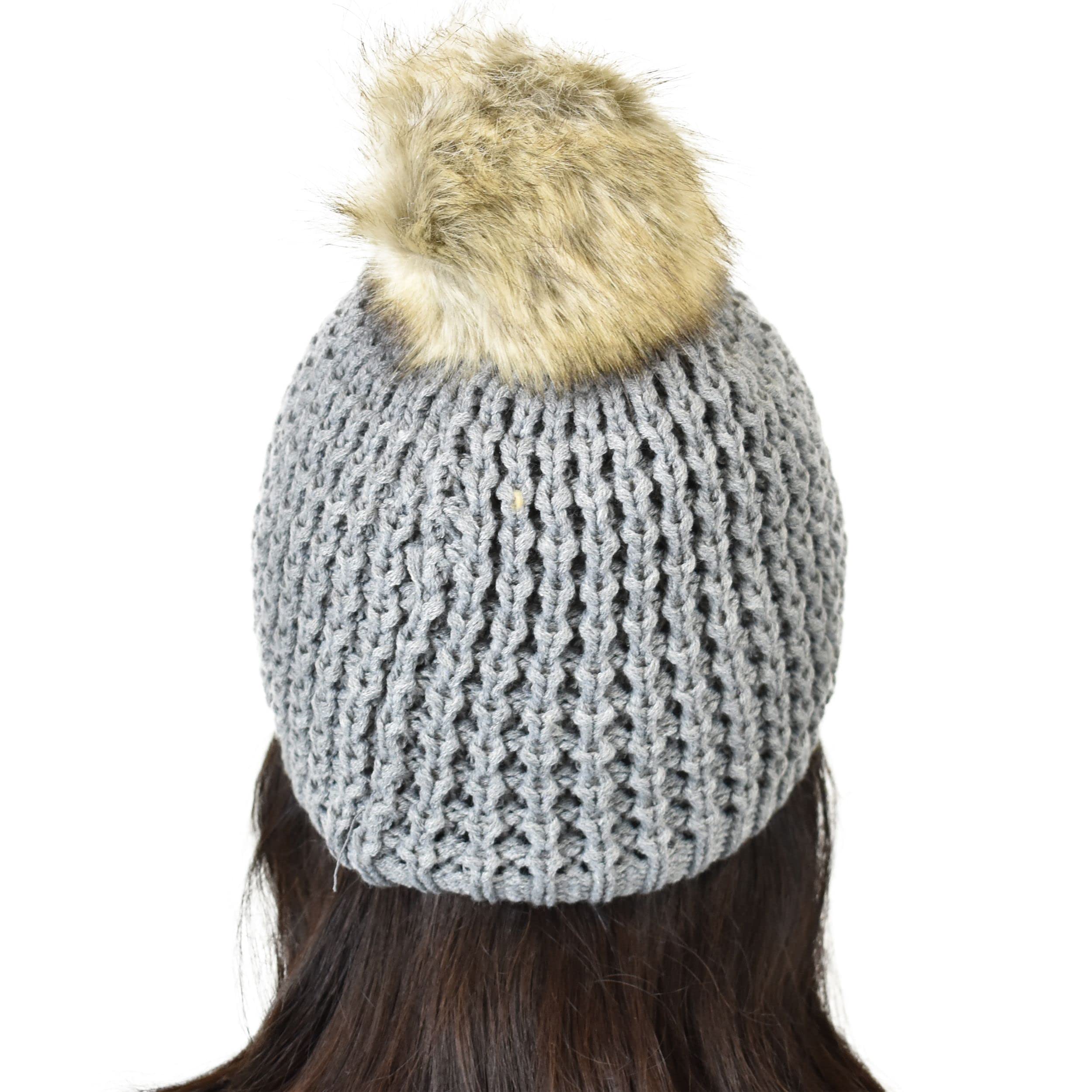 C.C Thick Waffle Knit Fleece Lined Faux Fur Pom Beanie Hat for Women - Winter Warm Fuzzy Knit Hat for Cold Weather, Outdoor Activities & Fashion Accessories