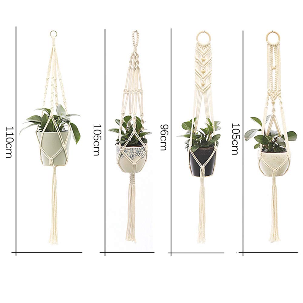 Handmade Macrame Plant Hangers 4 Pack - Indoor Outdoor Hanging Planter Basket with 4 Hooks for Flower Pots - Perfect for Home Decor, Patio, Garden & Boho Style Rooms
