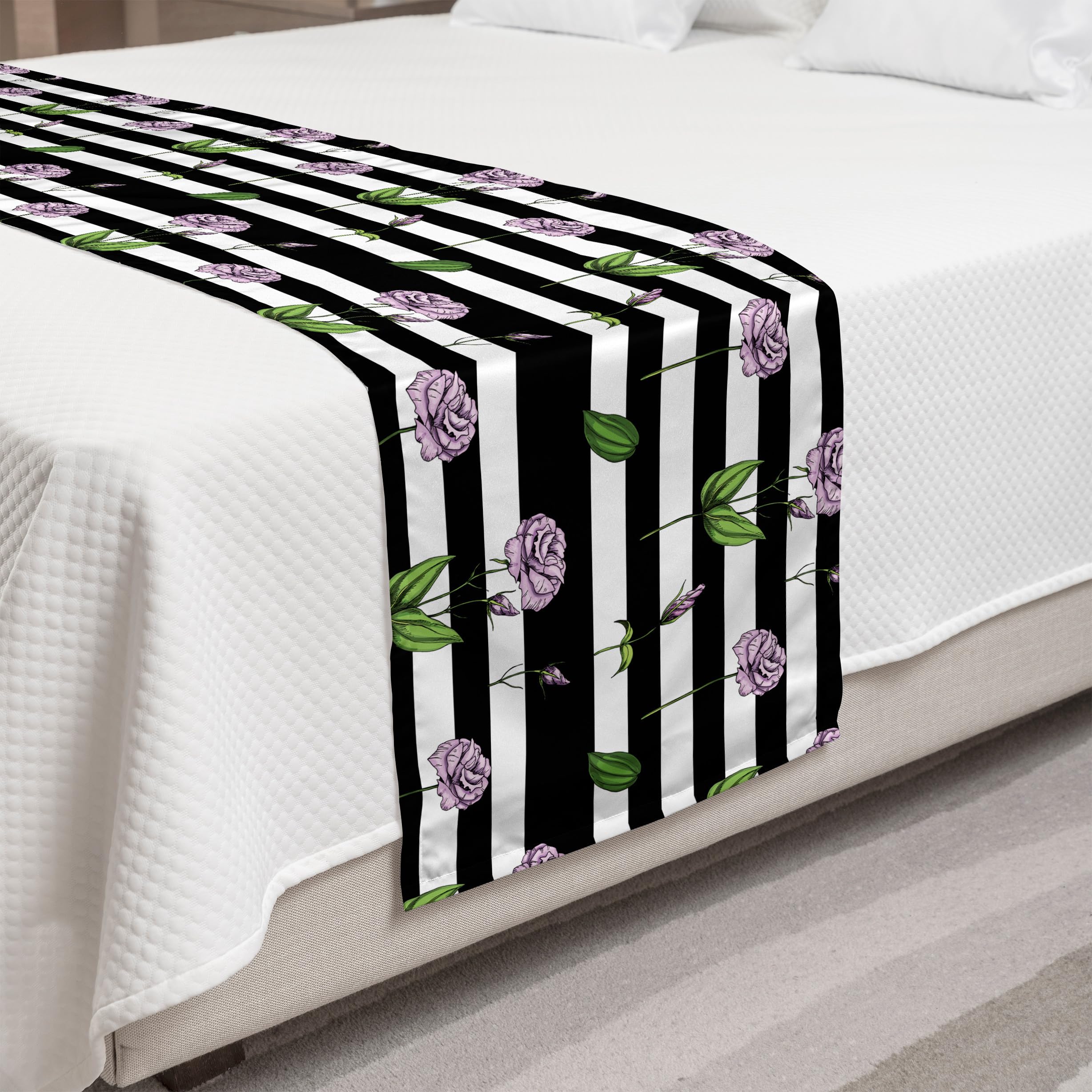 Ambesonne Rose Bed Runner - Pink Rose Flowers on Black & White Striped Background, Decorative Bed Scarf for Queen & King Beds - Perfect for Hotels, Homes & Guestrooms (Black & White) - Elegant Bedroom Decor & Wedding Accent
