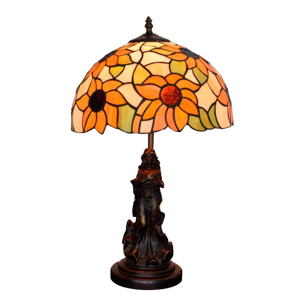 Vintage Tiffany Stained Glass Table Lamp - Antique Reading Light for Living Room, Bedroom & Office Desk - American Pastoral Sunflower Angel Design - Perfect for Cozy Reading Nooks, Bedside Lighting & Home Decor