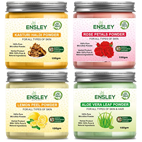 Ensley Natural Kasturi Haldi & Rose Petals Powder with Lemon Peel & Aloe Vera Leaf Powder - 400g (4x100g Pack) for Skin Care, Face Masks & Ayurvedic Beauty Treatments