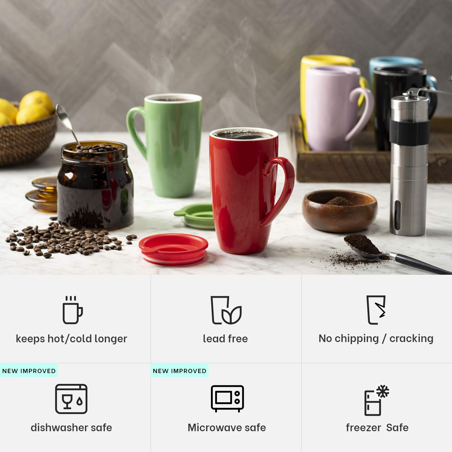 Premium 6-Pack Ceramic Coffee Mugs with Lids - 16oz Insulated Travel Tumbler Set for Hot & Cold Drinks - Perfect for Office, Camping, Road Trips & Daily Commute - BPA-Free & Dishwasher Safe