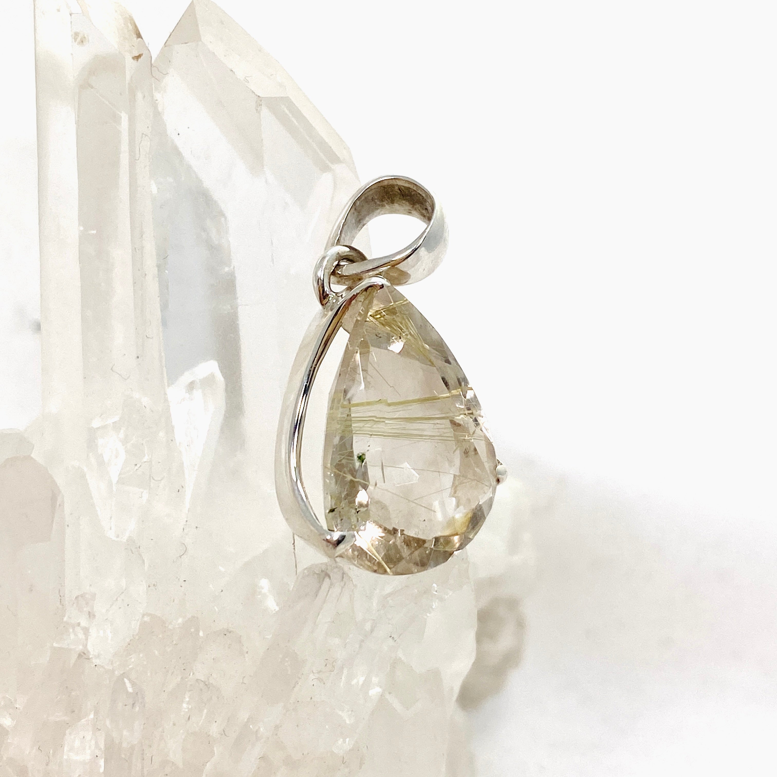 Rutilated Quartz Teardrop Faceted Pendant Necklace PPGJ841 - Elegant Crystal Jewelry for Women, Perfect for Gifts & Special Occasions