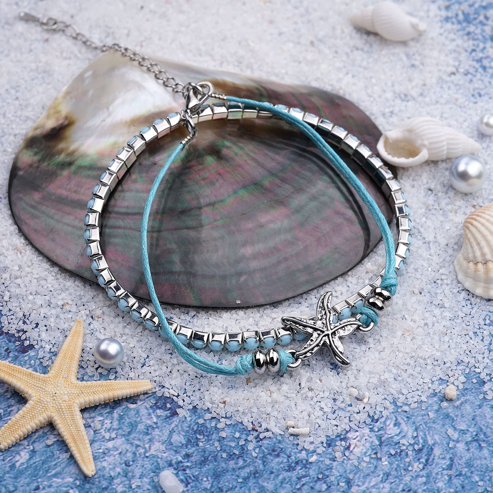 Boho Beach Bracelets for Women - Adjustable Starfish, Turtle & Conch Shell Anklets with Turquoise Beads | Stretch Foot Jewelry for Summer Vacation, Pool Party & Beach Wedding Accessories