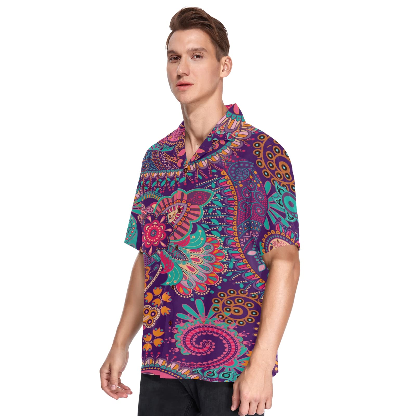 India Mandala Floral Men's Hawaiian Shirt - Short Sleeve Boho Button Down Aloha Shirt for Beach, Vacation & Summer Wear - Breathable Cotton Casual Dress Shirt for Tropical Parties, Luau & Outdoor Events