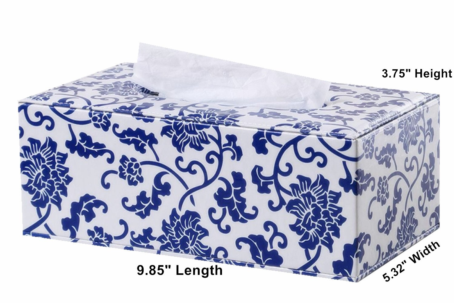 Faux Leather Rectangular Tissue Box Cover - Blue and White Porcelain Design - Decorative Napkin Holder for Home, Office, and Dining Table Décor