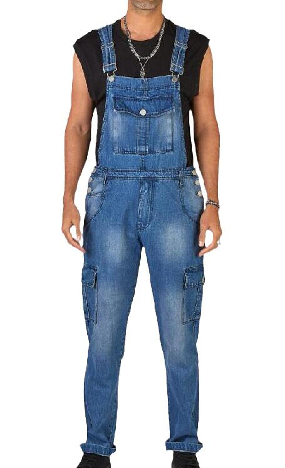 Men's Distressed Denim Jumpsuit - Multipocket Streetwear Bib Overalls, Washed Blue Dungarees (XXL) for Casual Outings, Music Festivals & Urban Fashion