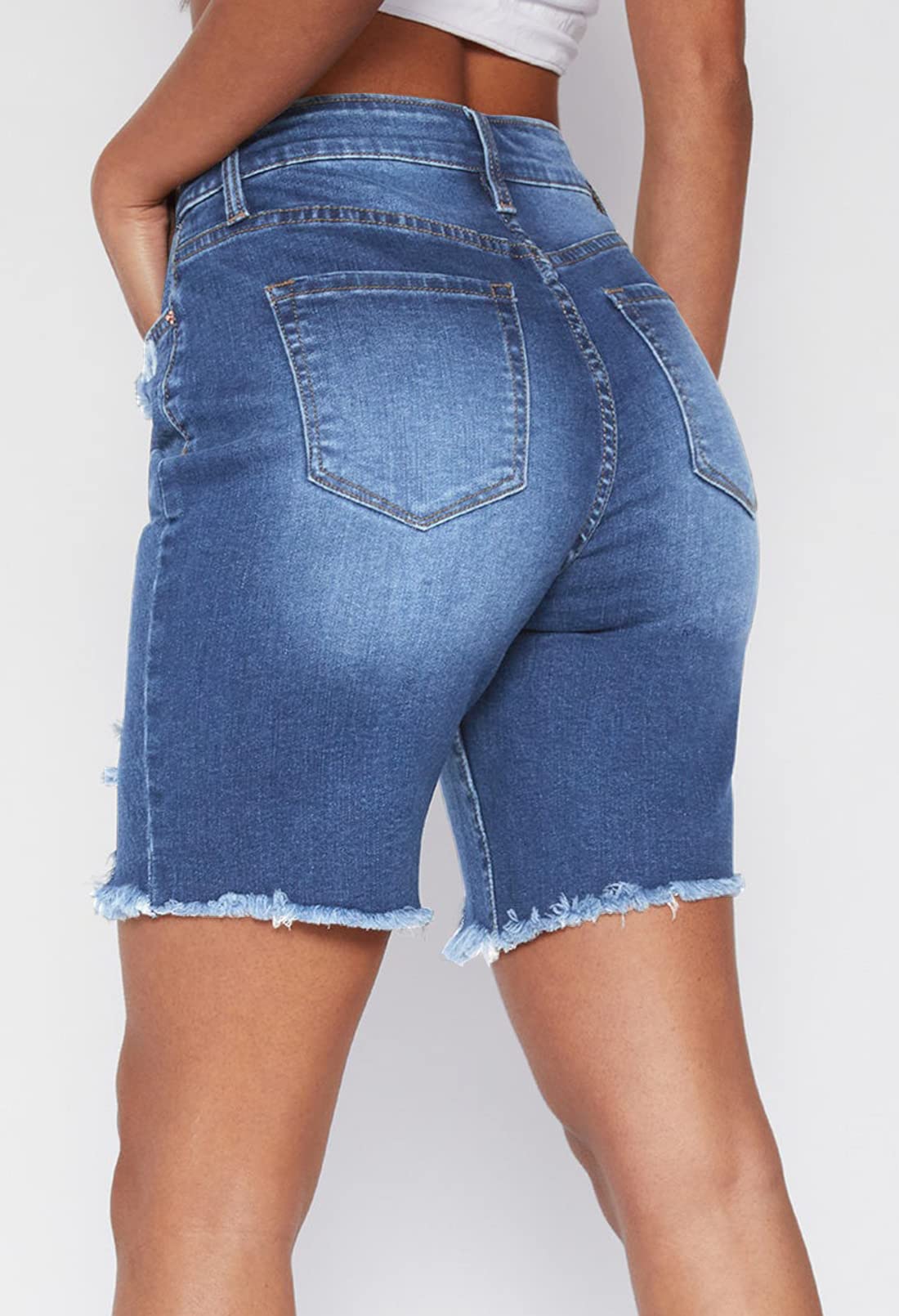 Duigluw Women's Bermuda Shorts - Distressed Denim with Raw Hem - High Waist Long Jeans Shorts for Summer | Casual Wear, Beach Outfits, Street Style Fashion
